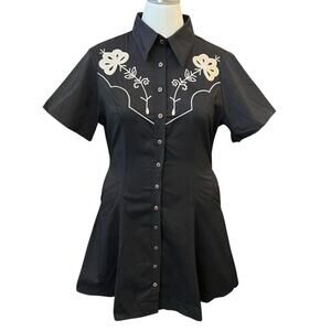 Boozelele XL Black Embroidered Button Front Shirt Dress 100% Cotton Western EUC